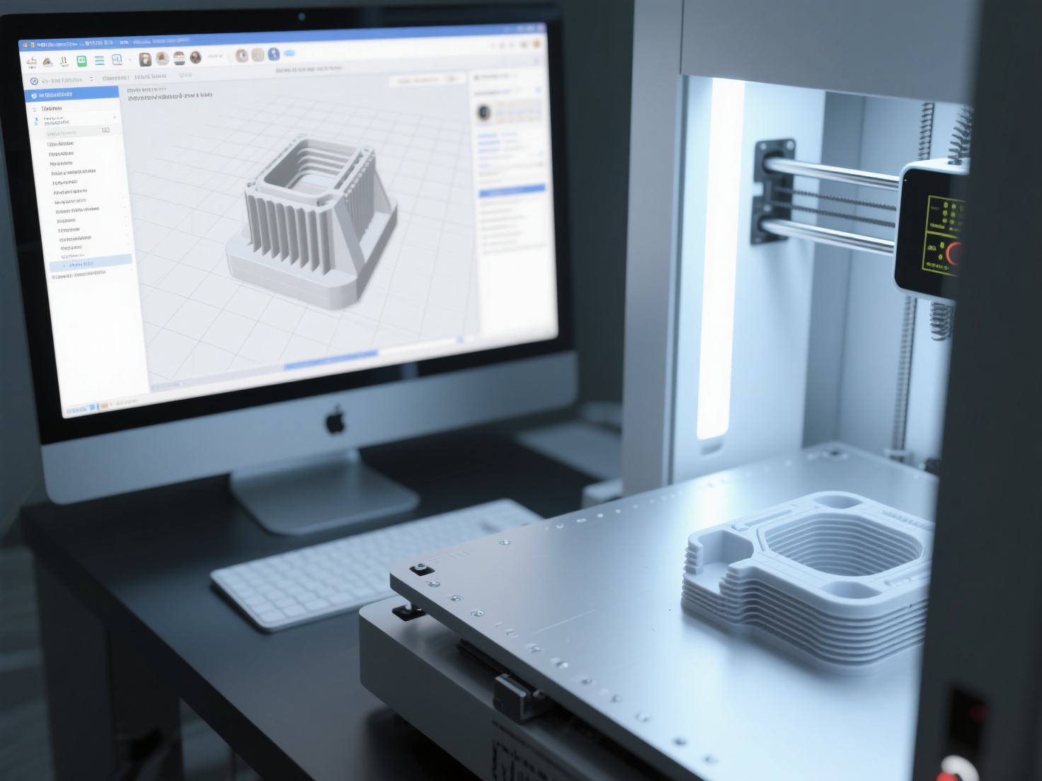 Close-up of slicing software and 3D printer bed preparing a print job