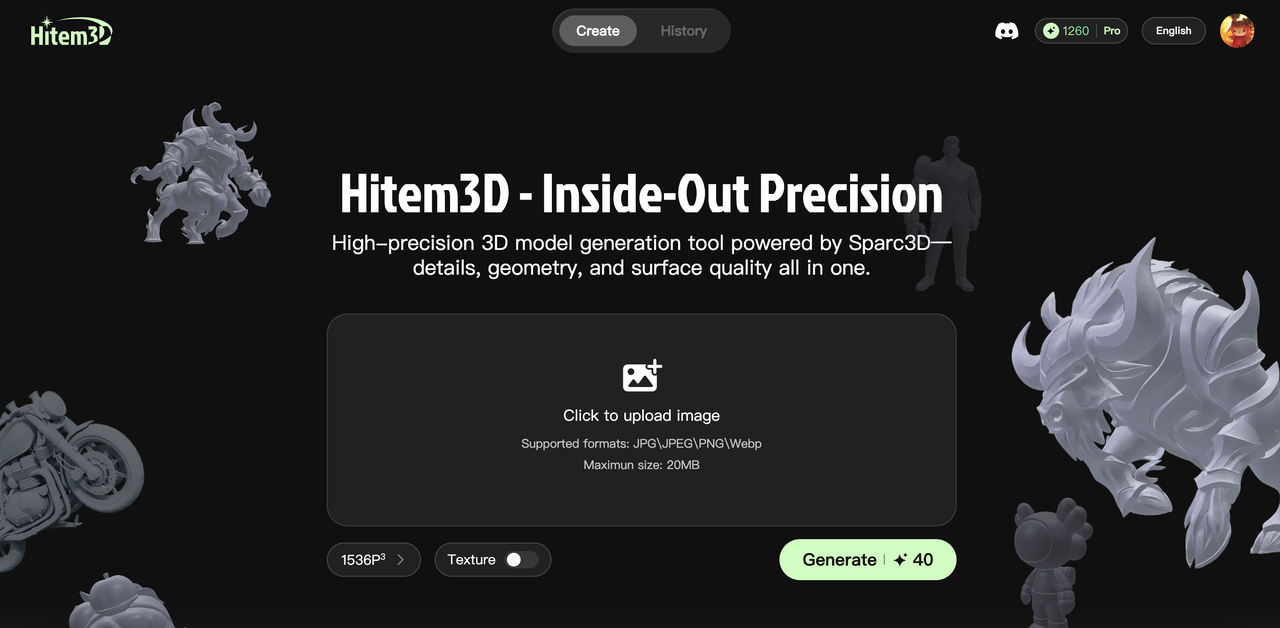 Hitem3D interface for generating print-grade ultra-high-resolution 1536³ AI 3D models powered by Sparc3D