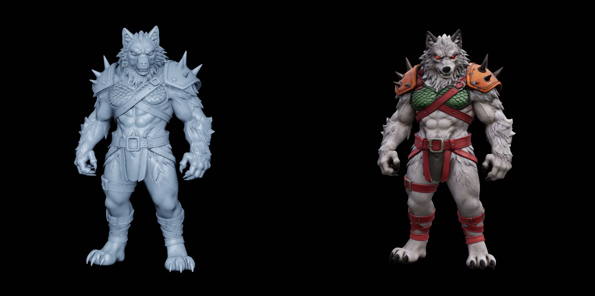 奇幻狼人战士 3D 模型,素模与纹理对比,游戏角色