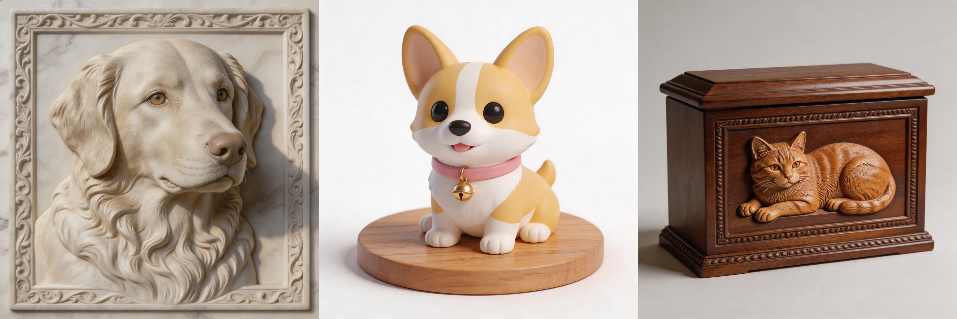 宠物主题3D浮雕与模型合集:金毛犬大理石浮雕、柯基Q版手办、猫咪浮雕木盒,AI生成的宠物纪念3D打印作品